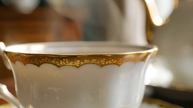 Closeup of an elegant antique teacup with gold trim.