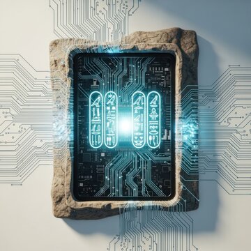 Ancient stone tablet merges with glowing circuitry