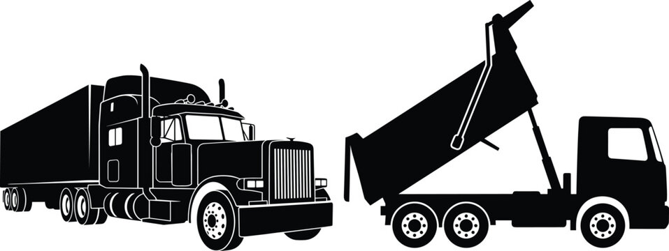 Black silhouette vector illustration of a heavy semi trailer truck and a hydraulic tipper dump truck for logistics
