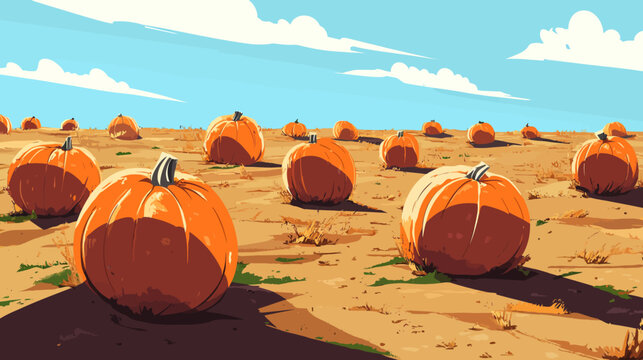 Bright pumpkin patch under clear sky with scattered clouds