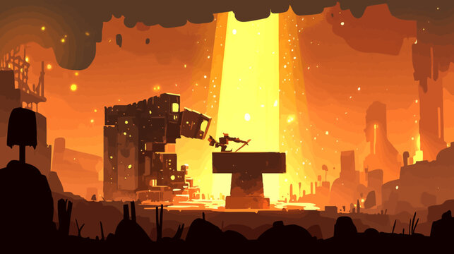 Pixel art scene of a silhouette blacksmith working in a fiery, dystopian forge during sunset