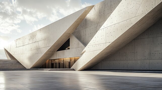 Modern concrete architectural structure with angular design and open entrance