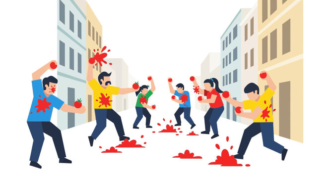 People Throwing Tomatoes in Street Fight