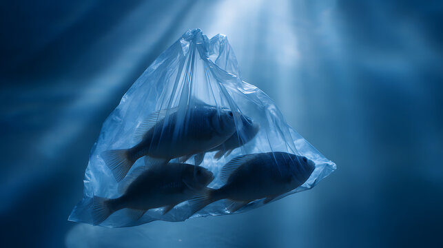 Fish Trap in Plastic Bag Floating Underwater with Dramatic Light Rays for Environmental Pollution and Ocean Conservation Concepts