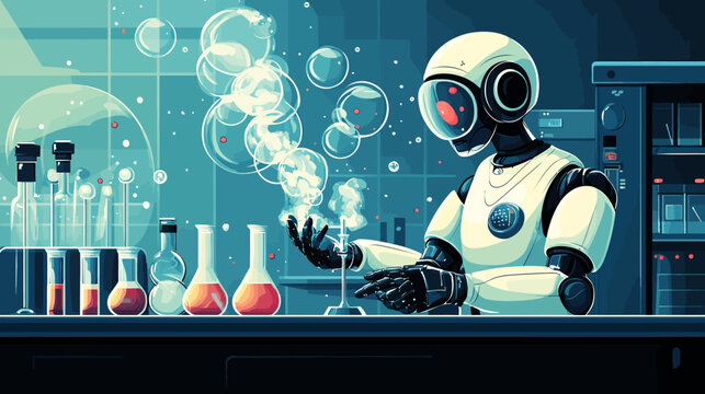Futuristic robot scientist working with chemical experiments in lab