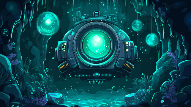 Futuristic underwater scene with advanced submarine illuminating dark depths