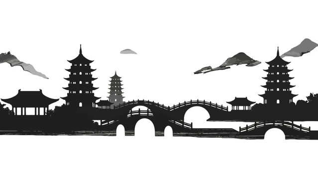 Serene Silhouette of Ancient Architecture: A tranquil portrayal of ancient architecture, with pagodas and arched bridges silhouetted against the sky.