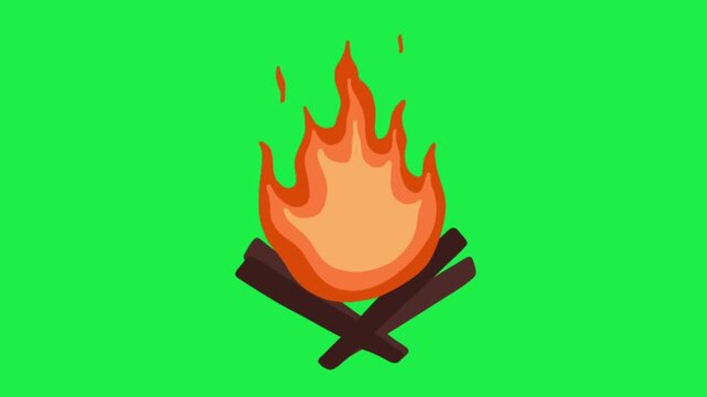 Animated campfire with burning logs on green screen background for camping outdoor adventure video template
