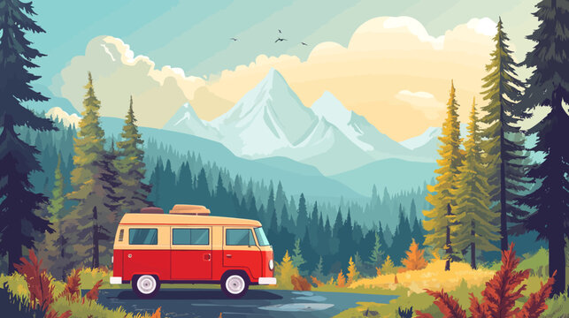 Scenic mountain landscape with a red vintage camper van on a forest road