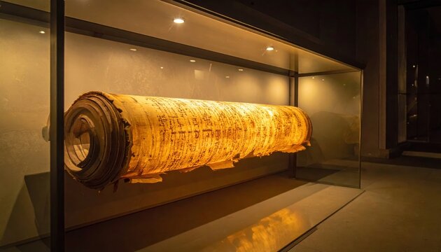 Ancient Hebrew Scroll of Aged Animal Hide Displayed in Museum Exhibit