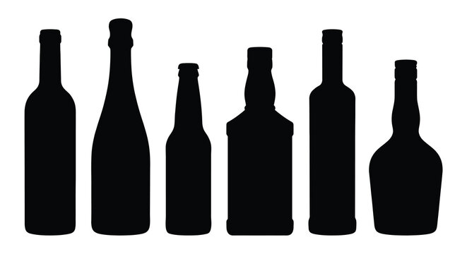 Silhouette of six wine bottles on white background