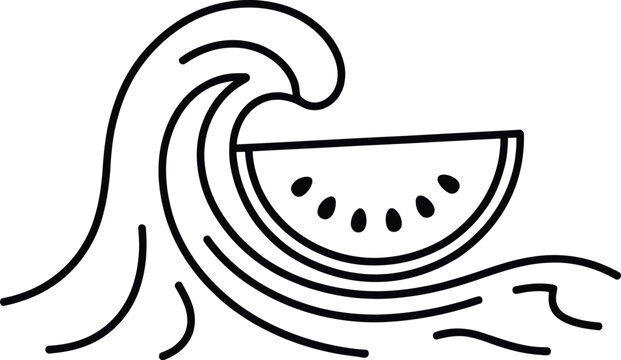 Minimalist Ocean Wave and Watermelon Slice Line Art Illustration