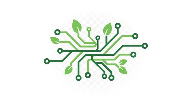 Digital circuit board illustration with green leaves for sustainable technology