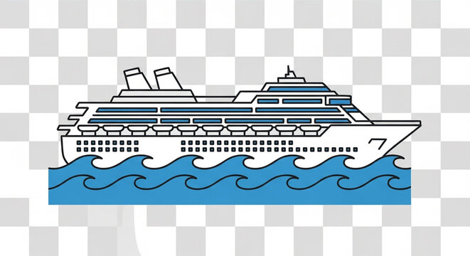 Large luxury cruise ship sailing across blue ocean waves illustration