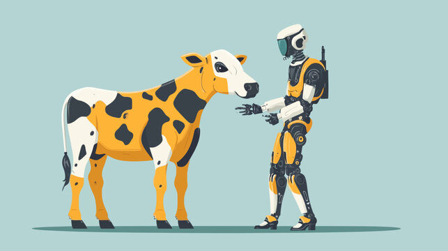A humanoid robot extending its hand to a calf with spots on a plain background