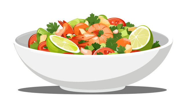 Colorful shrimp and vegetable salad with lime wedges in a white bowl