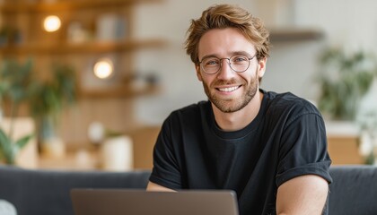 Obraz premium A young professional with a friendly smile looks at the camera while working on his computer. Concept of work-life balance, video conferencing, and educational growth.