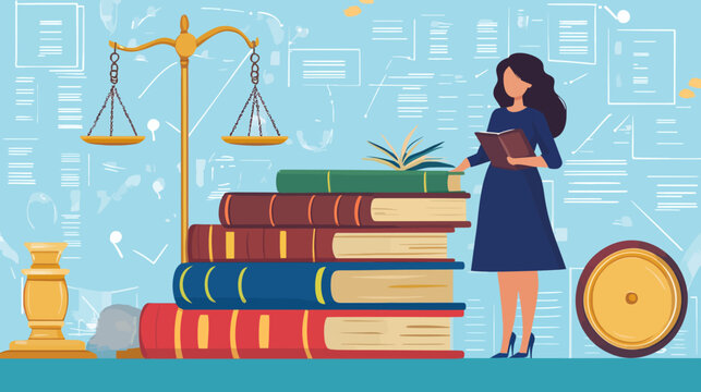 Woman reading a book beside giant stack of law books in study