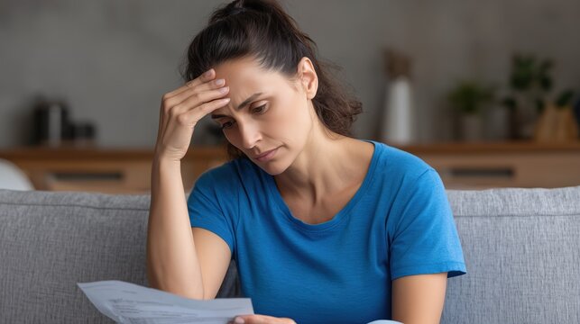 A worried young woman sits on a sofa holding a document with a hand on her forehead. Concept of financial crisis, debt, high living costs, and money stress.
