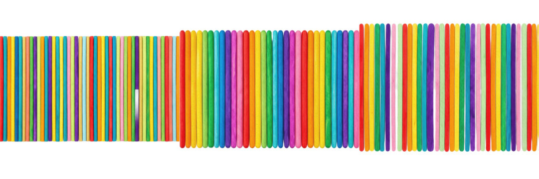 Set and collection of row of colorful wooden pencils isolated on white background