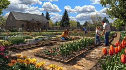 Fototapeta premium People garden in vibrant flower beds under sunny sky