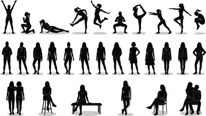Fototapeta premium Women Silhouette Collection Featuring Fitness Poses Standing Figures Sitting Characters and Casual Female Lifestyle Activities