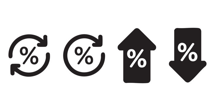 Percent icons with circular arrows plus up and down symbols for interest rates or financial growth