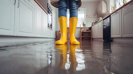 Obraz premium Lower body of a person standing in deep water inside a modern kitchen. Concept of home insurance, plumbing emergency, water damage, and household disaster.