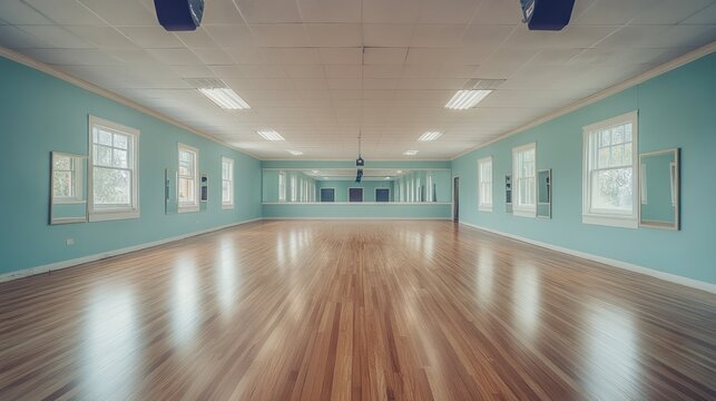 Spacious, empty dance studio with wooden floor and large windows
