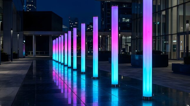Modern urban plaza with colorful led light pillars reflecting in water at night public space modern architecture water feature