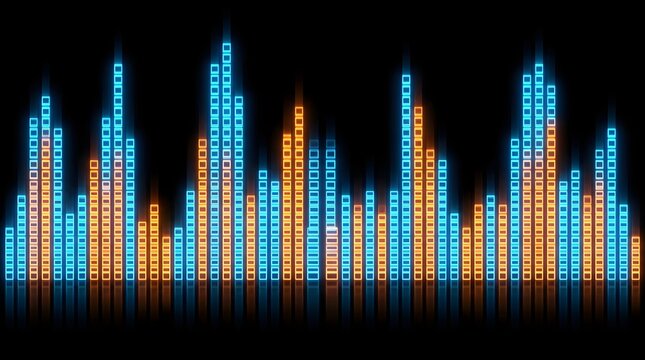 Digital sound equalizer display with neon blue and orange bars on black background vu meter graphic equalizer audio levels