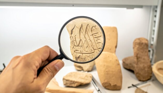 Archaeologist closely examining an ancient Ugaritic clay tablet with cuneiform inscriptions using a magnifying glass