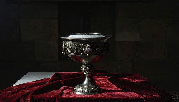 An ancient, ornate silver chalice with detailed engraving and shimmering gemstone inlays rests elegantly on a rich red velvet cloth in a dimly lit, historical setting.