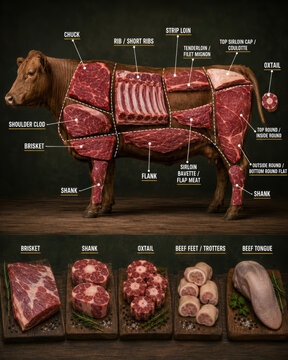 American beef cuts butcher chart infographic with labeled cow diagram