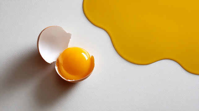 Fresh cracked egg with vibrant yolk in shell next to spilled liquid on a clean, bright white background, ready for culinary use, close up
