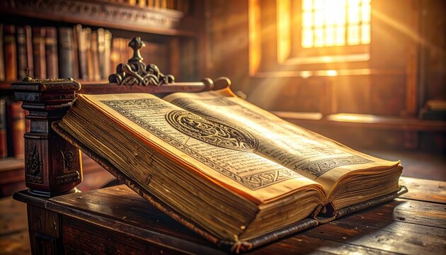 Ancient vellum codex open to a page with elaborate Celtic script and knotwork, bathed in warm sunlight