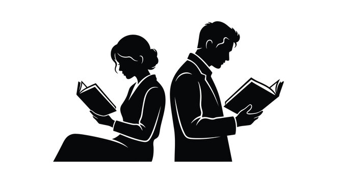 Silhouette of a couple reading books back to back vector illustration