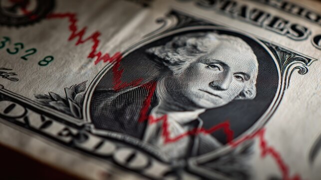 Close-up of a US dollar banknote featuring George Washington with a declining red financial graph. Concept of currency devaluation, recession, and economic instability.
