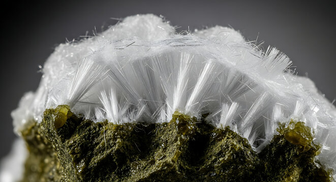 Extreme Closeup of Raw White Chrysotile Asbestos Fibers on Rock Matrix Highlighting Hazardous Industrial Material for Health Risk and Remediation Awareness