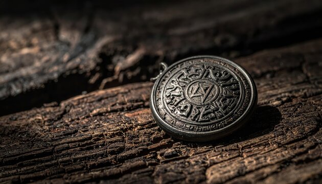 Intricate ancient metal amulet with protective symbols rests on weathered wood
