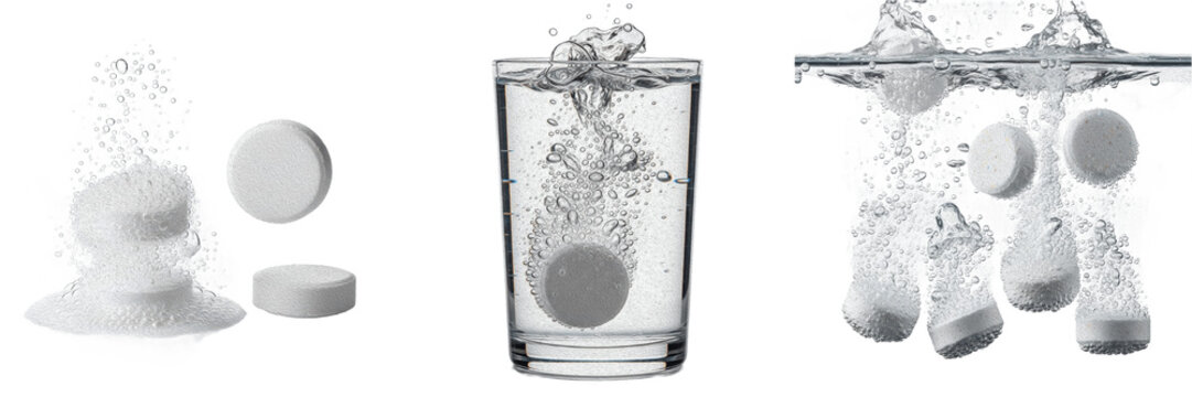 Isolated Effervescent Tablet Dissolving in Glass of Water Set Sparkling Bubbles and Fizzing Action Graphic PNG Element for Health and Medicine Concepts
