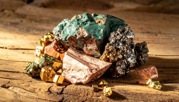 Collection of raw copper ore and shimmering iron pyrite mineral samples on rustic wood