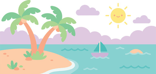 A pastel tropical island scene with palm trees, ocean waves, sailboat, and sunny sky, ideal for summer travel and vacation themes © Aikin