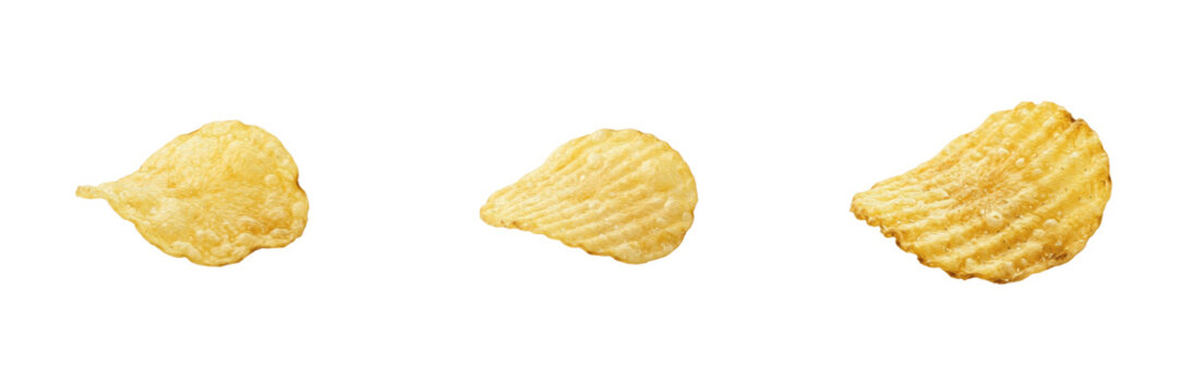 Set and collection of single salty potato chip isolated on white background