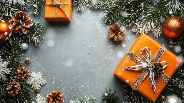 Festive Christmas gifts and fir tree branches with pine cones and shiny ornaments flat lay on grey background, falling snow enhances holiday celebration.