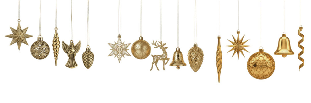 Isolated Golden Christmas Hanging Elements Set Festive Reindeer, Snowflakes, and Bells Holiday Garlands High Quality Decorative Graphic PNG Asset
