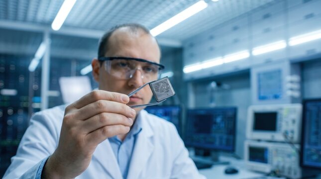 Technician in laboratory holding small silver microchip engraved with brain icon representing neuromorphic computing