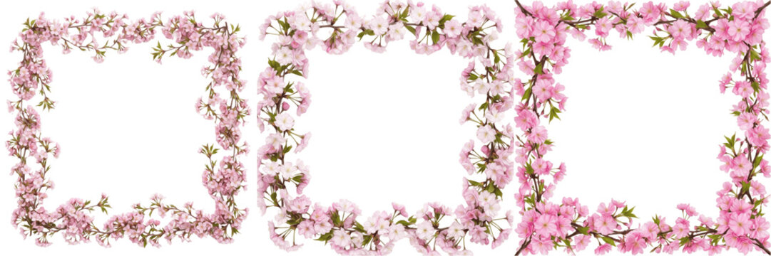 Set and collection of beautiful square border frame of pink roses flowers isolated on white background