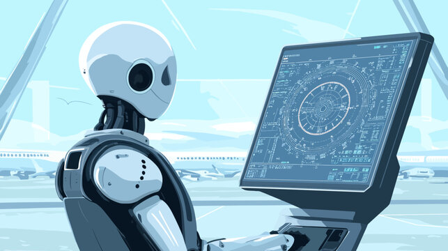 Futuristic robot at airport with radar screen and planes
