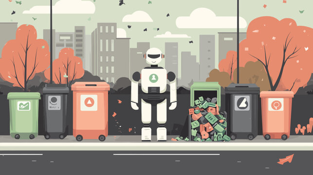 Robot stands near colorful trash bins on city street with fall scenery